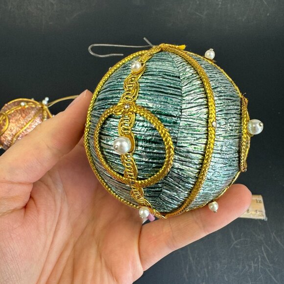 Vtg Hard Foam Round Ball Ornament Push Pin Pearls Metallic Pink Blue Gold Accent - Picture 13 of 16